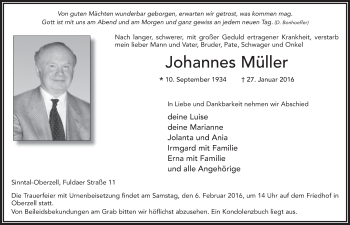 Traueranzeige von Johannes Müller 