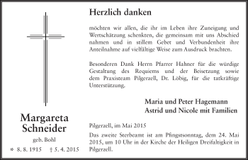 Traueranzeige von Margareta Schneider 