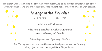 Traueranzeige von Margarethe Kolibius 
