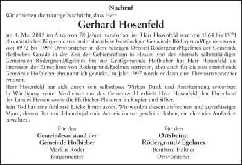Traueranzeige von Gerhard Hosenfeld 