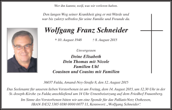 Traueranzeige von Wolfgang Franz Schneider 