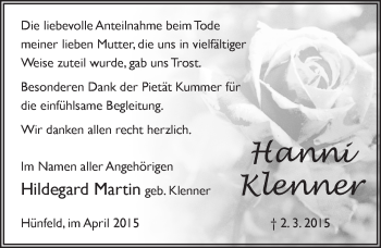 Traueranzeige von Hanni Klenner 