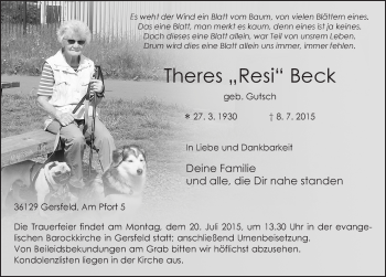 Traueranzeige von Theres Beck 