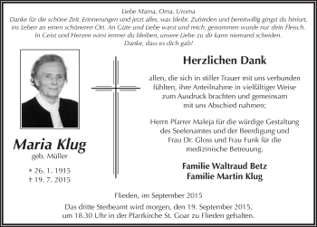 Traueranzeige von Maria Klug 