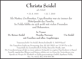 Traueranzeige von Christa Seidel 