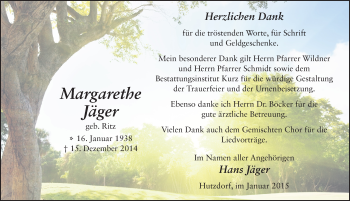 Traueranzeige von Margarethe Jäger 