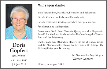 Traueranzeige von Doris Göpfert 