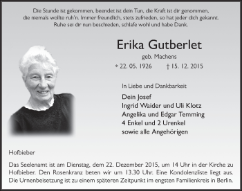 Traueranzeige von Erika Gutberlet 