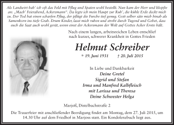 Traueranzeige von Helmut Schreiber 