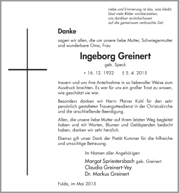 Traueranzeige von Ingeborg Greinert 