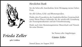 Traueranzeige von Frieda Zeller 