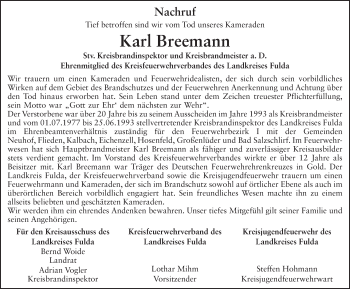Traueranzeige von Karl Breemann 