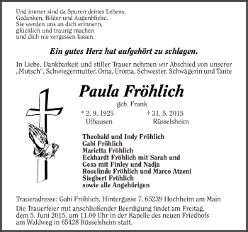 Traueranzeige von Paula Fröhlich 