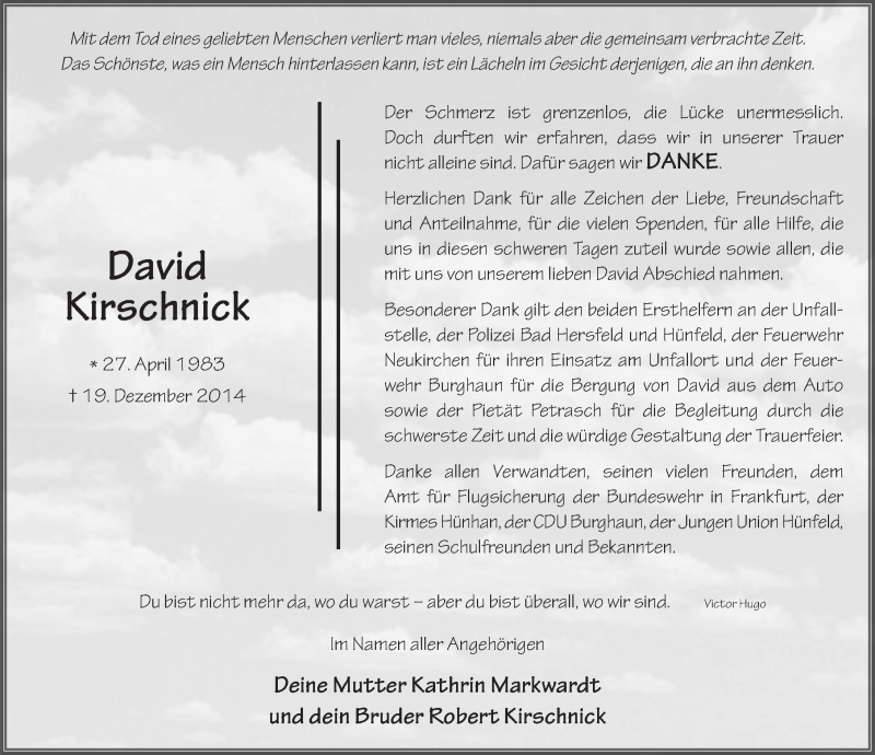  Traueranzeige für David Kirschnick vom 31.01.2015 aus 