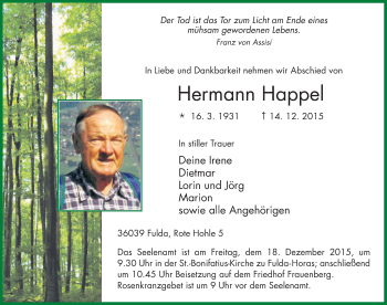 Traueranzeige von Hermann Happel 