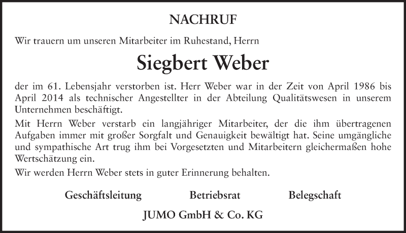  Traueranzeige für Siegbert Weber vom 16.09.2015 aus 