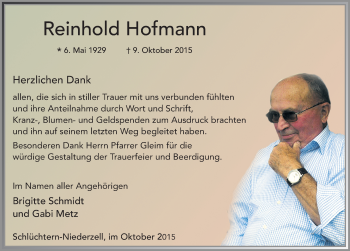 Traueranzeige von Reinhold Hofmann 