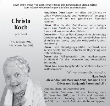 Traueranzeige von Christa Koch 
