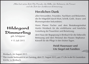 Traueranzeige von Hildegard Dimmerling 