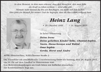 Traueranzeige von Heinz Lang 