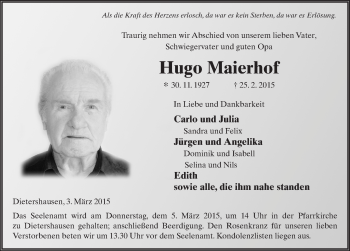 Traueranzeige von Hugo Maierhof 
