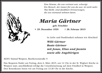 Traueranzeige von Maria Gärtner 