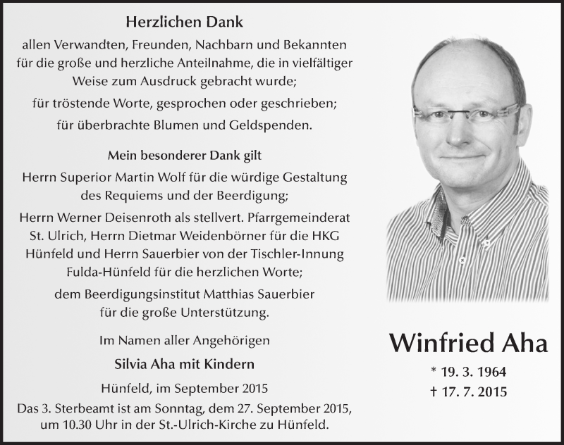  Traueranzeige für Winfried Aha vom 19.09.2015 aus 