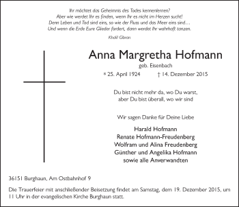 Traueranzeige von Anna Margretha Hofmann 