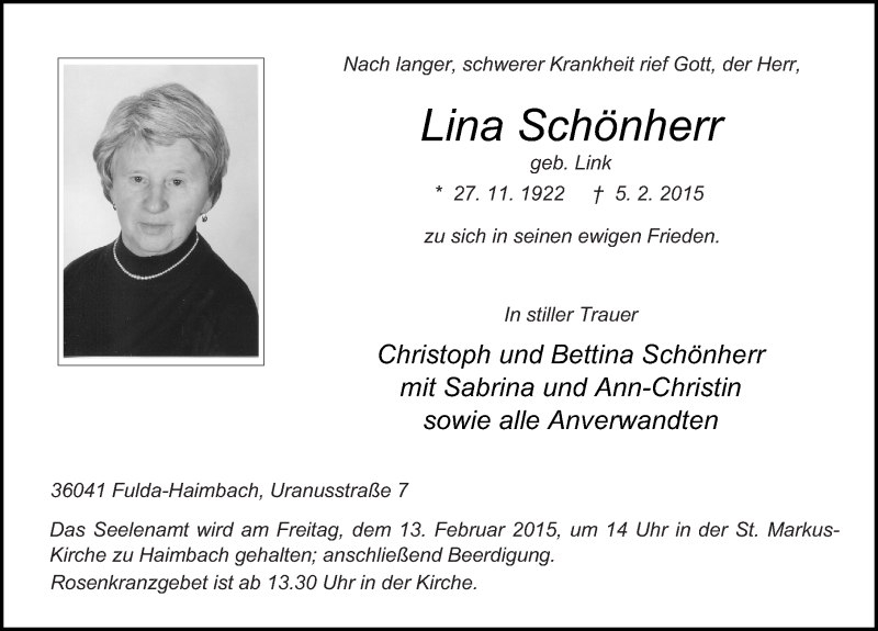  Traueranzeige für Lina Schönherr vom 10.02.2015 aus 