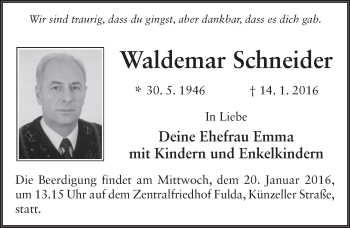 Traueranzeige von Waldemar Schneider 