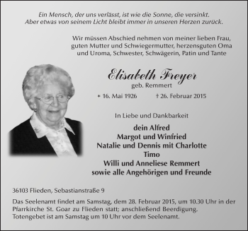 Traueranzeige von Elisabeth Freyer 