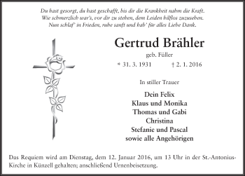 Traueranzeige von Gertrud Brähler 