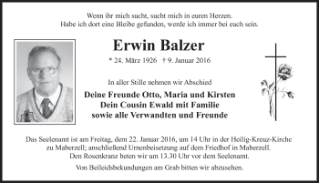 Traueranzeige von Erwin Balzer 