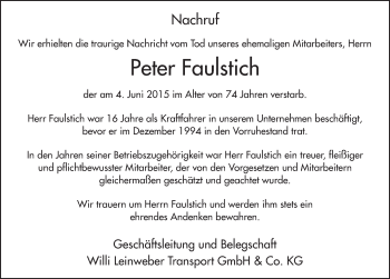 Traueranzeige von Peter Faulstich 
