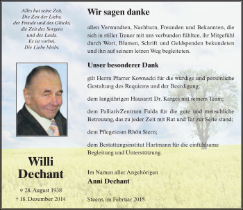 Traueranzeige von Willi Dechant 