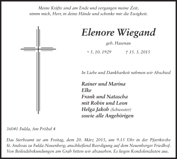 Traueranzeige von Elenore Wiegang 