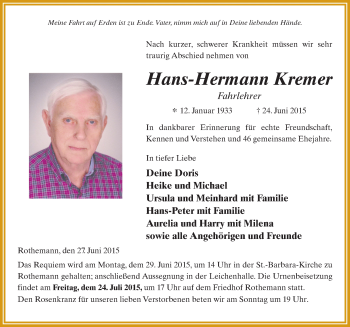 Traueranzeige von Hans-Hermann Kremer 