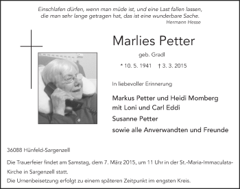 Traueranzeige von Marlies Petter 