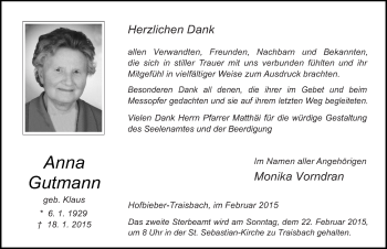 Traueranzeige von Anna Gutmann 