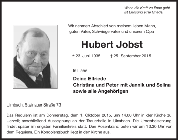 Traueranzeige von Hubert Jobst 