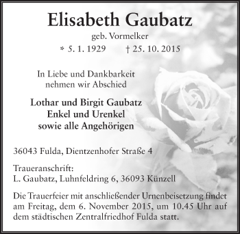 Traueranzeige von Elisabeth Gaubatz 