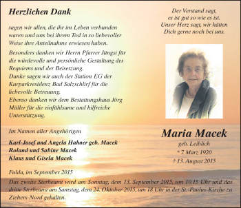 Traueranzeige von Maria Macek 