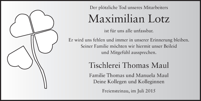  Traueranzeige für Maximilian Lotz vom 02.07.2015 aus 