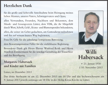 Traueranzeige von Willi Habersack 