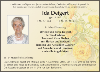 Traueranzeige von Ida Deigert 