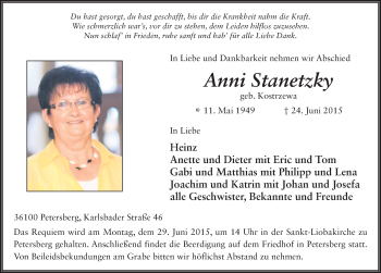 Traueranzeige von Anni Stanetzky 