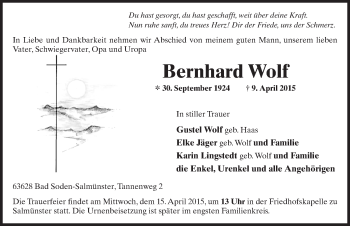 Traueranzeige von Bernhard Wolf 