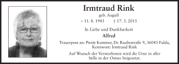 Traueranzeige von Irmtraud Rink 