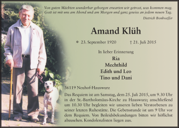 Traueranzeige von Amand Klüh 