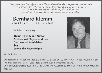 Traueranzeige von Bernhard Klemm 